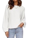 ZESICA Women's 2024 Crew Neck Long Lantern Sleeve Casual Loose Ribbed Knit Solid Soft Pullover Sweater Tops,White,Large