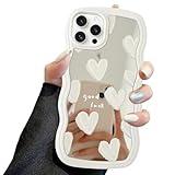 Jusy for iPhone 15 Pro Case with Wavy Edge, Cute White Heart Mirror Curly Wave Frame Shape Phone Cases, Shockproof Hard PC & Soft TPU Bumper Protection Cover for Women Girls