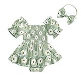 Lesimsam Newborn Baby Girl Clothes Daisy Romper Dress Short Sleeve Smocked Bubble Bodysuit Jumpsuit Cute Summer Outfit (A-Green, 6-12 Months)