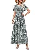 Kranda Summer Dresse for Women 2024 Fall Dress Short Flutter Sleeve Round Neck Smocked Ruffle Tiered Floral Maxi Dress Dusty Sage Green Small