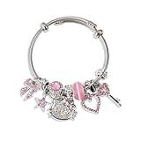 Cute Charm Bracelet, Chain Cuff Jewelry Charms for Bracelets, Adjustable Stainless Steel Bangle Anime Cartoon Bracelet for Women Teen Girls Sister Bff Birthday Gift and Friendship (Pink-White)