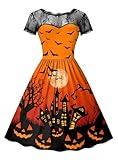 Women's Halloween Vintage Pumpkin Bat Witch Costume Lace Sleeves Party Swing Dress Pumpkin Castle Orange XL