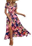 PRETTYGARDEN Women's Summer Wrap Maxi Dress Casual Boho Floral V Neck Short Sleeve Ruffle Hem Split Beach Long Dresses (Blue Orange Floral,Large)