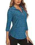 Cucuchy Quarter Zip Pullover Women Athletic,Plus Size Golf Shirt 3/4 Sleeve UPF 50+ Sun Protection Clothing Loose Fit Workout Shirts Outdoors Sporty Tennis Tops Blue 2XL