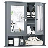 Tangkula Bathroom Cabinet Wall Mounted with Double Mirror Doors, Wood Hanging Cabinet with Shelves, Wall Mirror Cabinet (Gray)