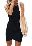 BTFBM Women Casual Dress Crew Neck Ruched Summer Sleeveless Tank Bodycon Shirt Short Mini Dresses (106Black, Large)