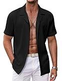 COOFANDY Mens Casual Shirt Short Sleeve Button Down Shirts for Men Fashion Textured Linen Summer Beach Shirt Black - L