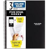 Five Star Spiral Notebook + Study App, 3 Subject, College Ruled Paper, Fights Ink Bleed, Water Resistant Cover, 8-1/2" x 11", 150 Sheets, Black (72069)