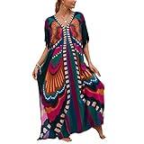 sunforyou Kaftan dresses for Women Plus size Lightweight Swimsuit Cover up Batwing Sleeve Print Loungewear Beach Robe (9141)