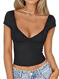 Trendy Queen Womens Deep V-Neck Backless Tops Short Sleeve Slim Fit T-Shirts Basic Y2K Tops Bustier Corset Cami 2024 Black S