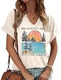 Women's Boho Christian V Neck Shirt Casual Jesus Faith Bible Verse Inspirational Graphic Tee Tops(514-Beige,M)