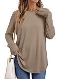 AUTOMET Womens Long Sleeve Shirts Crew Neck Casual Tshirts Fall Fashion Tops Loose Fit Lightweight Y2k Outfits Clothes Khaki S