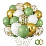 RUBFAC 65Pcs 12 Inches Sage Green Gold Confetti Balloons Kit, Green White Metallic Gold Party Balloons with Ribbons for Birthday, Wedding, Baby Shower, Graduation, Eucalyptus Party Decorations