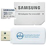 Samsung 128GB SDXC Micro EVO Plus Memory Card with Adapter Works with Samsung Phone A22, A03s, A03 Core (MB-MC128) Class 10 U3 V30 A2 Bundle with 1 Everything But Stromboli TF & SD Card Reader