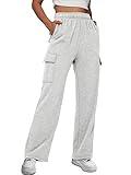 Trendy Queen Womens Cargo Sweatpants Tall Baggy Fleece High Waisted Sweats Pants Athletic Trousers with Pockets Grey