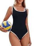 Blooming Jelly Womens One Piece Swimsuit Sporty Ribbed Slimming Cute Bathing Suit 2024 Flattering High Cut Swimming Suits (Medium, Black)