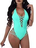 LAGSHIAN Womens Sexy One Piece Lace Up Straps Swimsuit Bathing Suit Swimwear Lake Blue