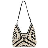 Straw Hobo Beach Bag for Women Girls, Woven Tote Bag Summer Crochet Shoulder Bag Purse with PU Leather Strap,Vintage Foldable Handbag for Everyday Travel Vacation(Black-Adjustable Strap)