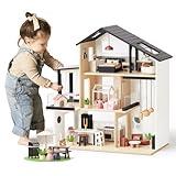 Tiny Land Doll House, Modern Family Dollhouse with Realistic Design, Wooden Dollhouse with 53Pcs Furniture - Ideal Gift for Kids Ages 3+