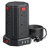 Power Strip Surge Protector, 10 Ft Extension Cord with 12 AC Multiple Outlets 4 USB (1 USB C), SMALLRT Power Tower Desktop Charging Station, Home Dorm Room Office Essentials, Desk Accessories Black