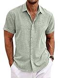 COOFANDY Men's Casual Shirts Button Up Shirt Linen Summer Beach Outfit Yoga Tee Light Green