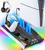 PS5/ PS5 Slim Stand for Disc & Digital Console, PS5 Cooling & Charging Station with 3-Level Fan & RGB LED, PS5 Controller Charger for PS5 & Edge Controller, PS5/Slim Accessories with 3 Charging Ports