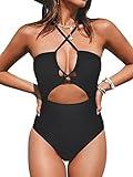 CUPSHE Women's One Piece Swimsuit Plunge Neckline Cutout Criss Cross Bathing Suit Black M