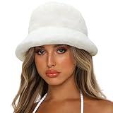 Sydbecs Fluffy Bucket Hat for Women Winter Fur Bucket Hat Fuzzy Fisherman Cap (White)