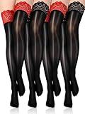 Bencailor 4 Pairs Shiny Thigh High Stockings Oil Silicone Lace Top Sheer Tights Over Knee Stockings Silky Socks for Women (Retro Color)