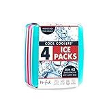 Cool Coolers by Fit & Fresh 4 Pack Slim Ice Packs, Quick Freeze Space Saving Reusable Ice Packs for Lunch Boxes or Coolers, Multi Colored