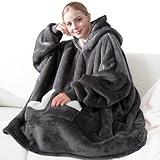 Touchat Wearable Blanket Hoodie, Oversized Sherpa Fleece Sweatshirt Blanket with Giant Hood Pocket and Sleeves for Adult, Warm & Cozy Grey Blanket Gifts for Women