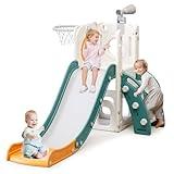 YUYUE 6 in 1 Toddler Slide for Toddlers Age 1-3, Extra-Long Slide with Basketball Hoop Indoor and Outdoor Baby Climber Playset Playground Freestanding Slide (White+Orange)