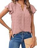 MEROKEETY Women V Neck Flowy Short Sleeve Swiss Dot Blouse Business Casual Loose Shirt Top Pink Large