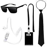 Kavoc 4Pcs Halloween Agent Costume Set Include Sunglasses Zip Tie ID Badge Prop and Fake Earpiece for Alien Party Dress Up（Style 1） (1 Set)