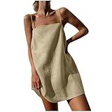 LMSXCT Womens Linen Spaghetti Strap Sleeveless Summer Mini Dresses Cute A-Line Back Zip Short Cami Dress Beach Party Sundress Khaki