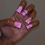 QQPPOLIU Medium Length Press on Nails Flare Fake Nails Pink Nails Press Ons with Designs Glue on Nails Matte Acrylic Nails 24pcs