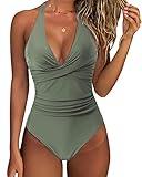 SUUKSESS Women Sexy Tummy Control One Piece Swimsuits Halter Push Up Monokini Bathing Suits (Army Green, XL)