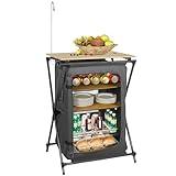 Finnhomy Outdoor Folding Camping Cabinet with 3-Tier Storage Organizer, Bamboo Top Camping Table with Carry Bag and Side Hooks for BBQ Camping Picnic Backyard, Grey