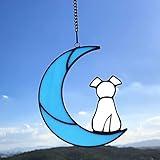 Lcensp Stained Glass Pet Dog Memorial Gifts for Dog Lovers, White Dog Decor on Blue Moon Window Hangings Suncatcher, Loss of Dog Sympathy Gift, Pet Loss Remembrance Gifts