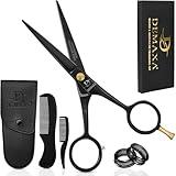 DEMAXA 5" Professional Beard Mustache Scissors with 1 Mustache Comb, 1 Beard Comb & Soft Pouch – Prefect Beard Trimming Scissors for All Facial Hair Scissors – Grooming Scissors Men (Black)