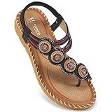 HARENCE Flat Sandals for Women Dressy: Comfortable Summer Flats Shoes Elastic Ankle Strap Bohemian Beaded Beach Sandal