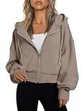 Trendy Queen Hoodies for Women Full Zip Up Cropped Sweatshirts Jackets Casual Comfy Gym Tops Fall Outfits Winter Clothes 2024 CoffeGrey M