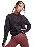 SweatyRocks Women's Activewear Long Sleeve Hooded Sweatshirt Sheer Mesh Running Workout Sports Top Black L