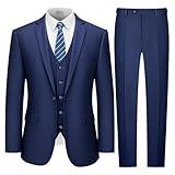 LUPURTY Suits for Men, 3 Piece Men's Suit Slim Fit, Solid Jacket Vest Pants with Tie, One Button Tuxedo Set for Business, Wedding, Navy Blue 2XL