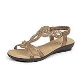 VJH confort Women’s Flat Sandals,Comfort Elastic Strap Rhinestone Open Toe Slip-On Casual Walking Sandals(Bronze 7)