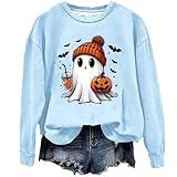 Ghost Sweater Women Women's Lightweight Jackets Sweater Shirt Long Sleeve Shirts for Women Trendy Pumpkin Face Sweatshirt Halloween Tshirt Womens Sweaters Try Before You Buy Light Blue-B X-Large