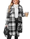 IN'VOLAND Womens Plus Size Flannel Plaid Shirts Long Sleeve Lounge Lapel Boyfriend Button Down Tartan Long Jacket Coats