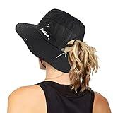 Women's Outdoor UV-Protection-Foldable Sun-Hats Mesh Wide-Brim Beach Fishing Hat with Ponytail-Hole (Black)