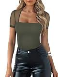 REORIA Women's Sexy Square Neck Short Sleeve Mesh Double Lined Slimming 2024 Trendy Going Out Bodysuits Tops Grey Medium