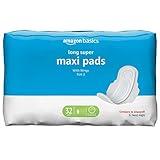 Amazon Basics Thick Maxi Pads with Flexi-Wings for Periods, Long Length, Super Absorbency, Unscented, Size 2, 32 Count, 1 Pack (Previously Solimo)